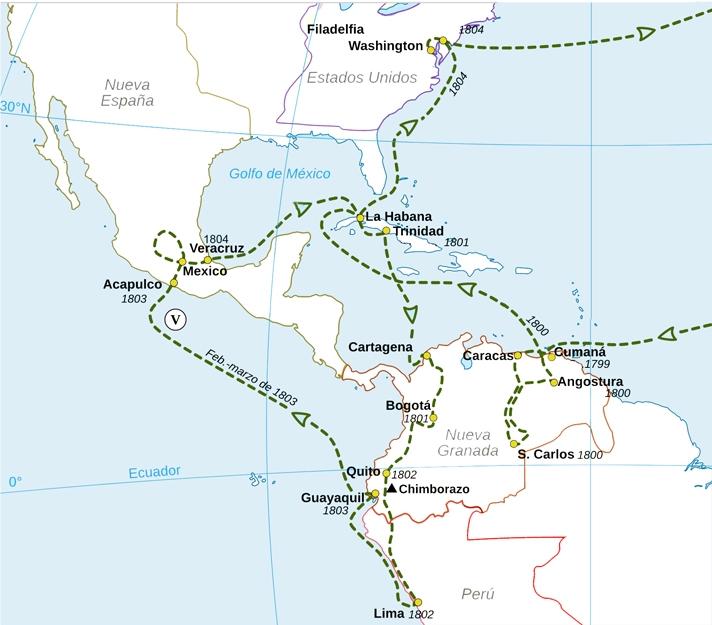Mapa dels viatges 1799-1804. Elaboració pròpia
